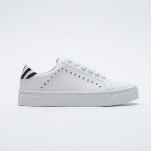 NWT. Zara White Leather Sneakers with Mini Studs. Size 9.